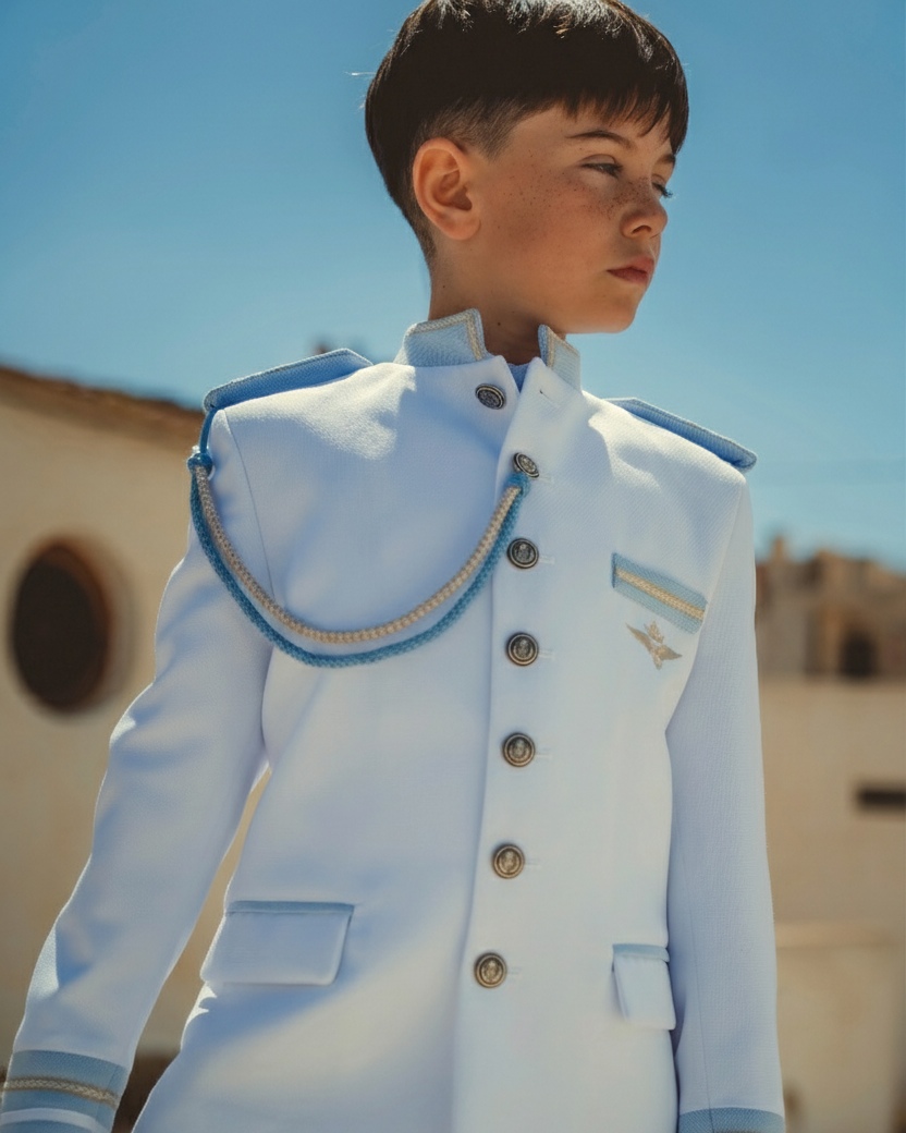Chaqueta blanca de comunión con ribetes azul celeste, cordón en el hombro, botones plateados e insignia en el pecho, presentada al aire libre.