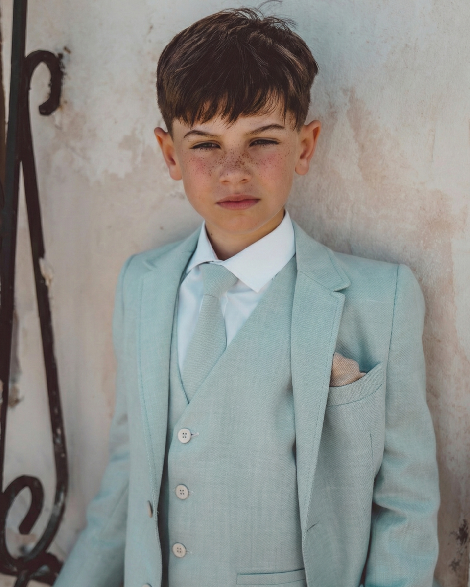 Conjunto de comunión verde menta con chaqueta y chaleco a juego, camisa blanca y corbata verde, presentado frente a una pared exterior.