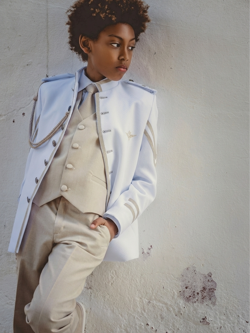 Chaqueta blanca marfil de comunión con hombreras, combinada con chaleco beige crema y corbata crema dentro de un estilismo de tonos claros.