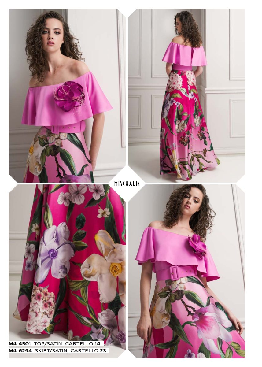 Detalles del conjunto fucsia de Mischalis con volante en los hombros, aplicación floral en la cintura y falda estampada de flores.