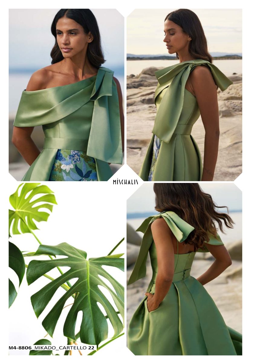 Diseño de fiesta de Mischalis con lazo en el hombro, lazada en la espalda y sobrefalda visible desde diferentes ángulos.