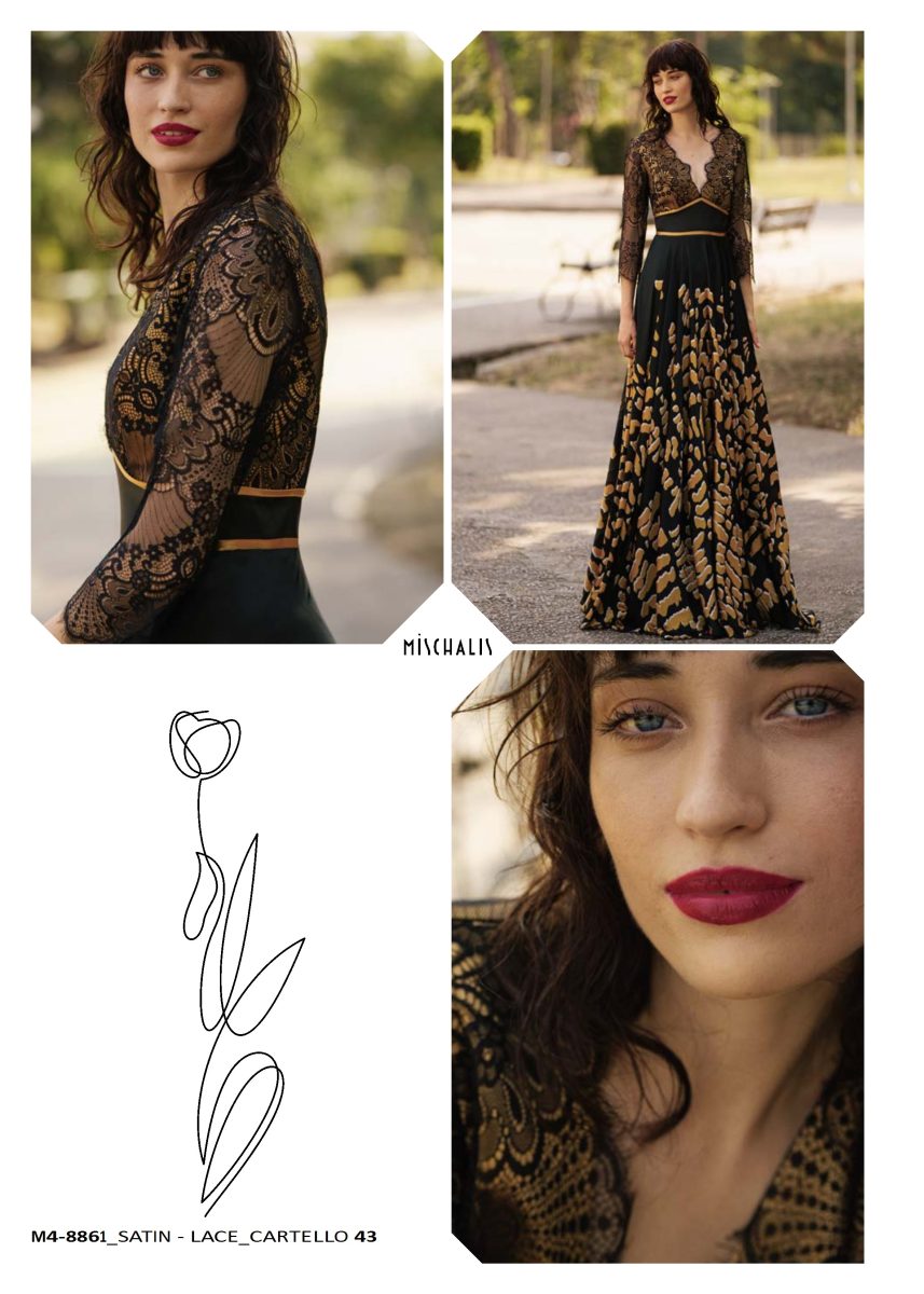 Detalles del encaje negro en las mangas y el escote del vestido de Mischalis, combinado con falda amplia de estampado dorado.