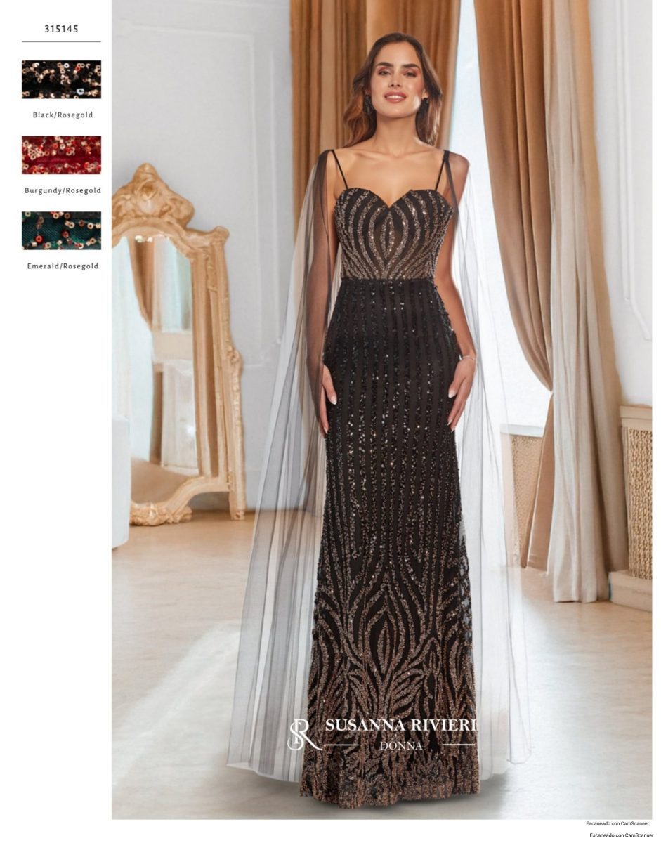 Vestido largo negro de Susanna Rivieri con bordados en tonos bronce, escote corazón, tirantes finos y caída transparente desde un hombro.