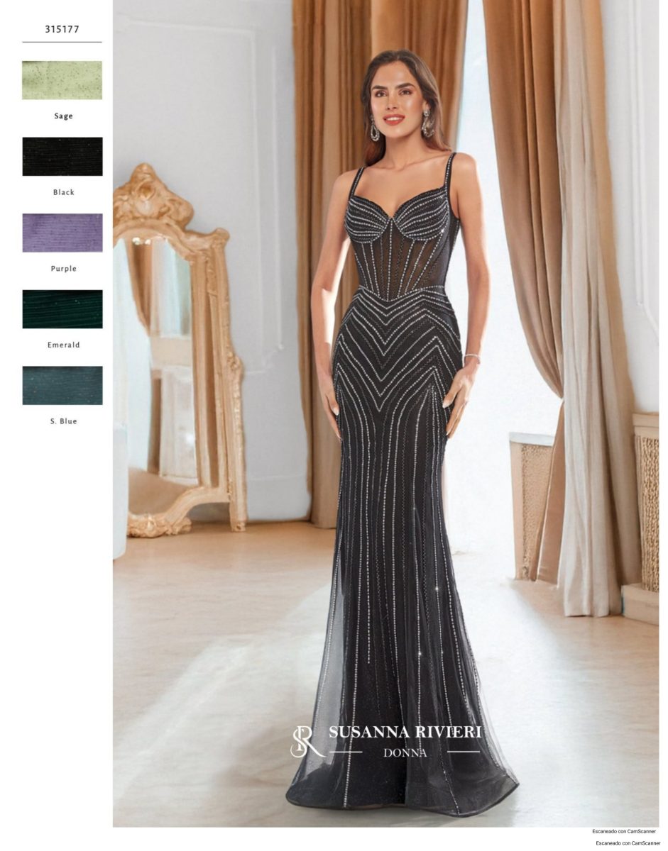 Vestido largo negro de Susanna Rivieri con escote corazón, tirantes finos y cuerpo semitransparente decorado con pedrería en líneas geométricas.